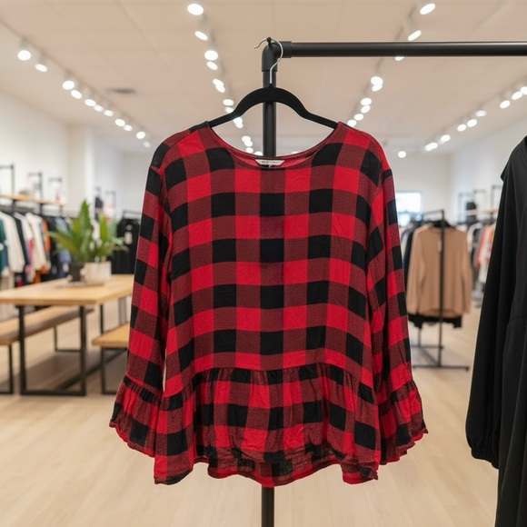 Buffalo plaid ruffle peplum long sleeve red black blouse L - Picture 2 of 9